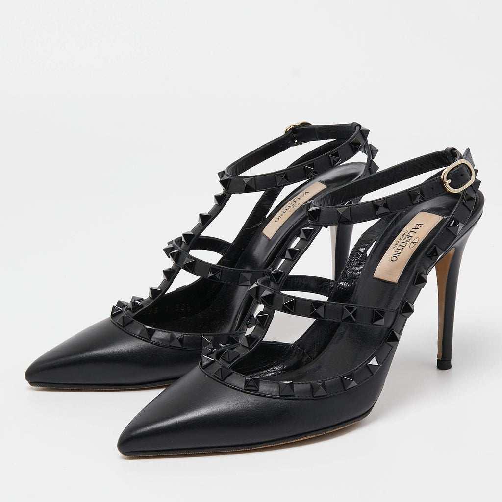 Valentino Black Leather Rockstud Ankle Strap Pumps