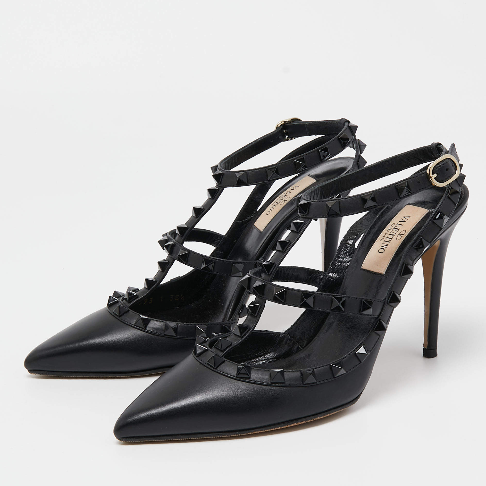 Valentino Black Leather Rockstud Ankle Strap Pumps